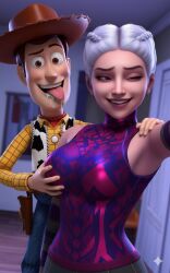 1girls ai_generated call_of_duty call_of_duty_modern_warfare_2_(2022) call_of_duty_warzone crossover crossover_pairing crossover_shipping female height_difference izanami_(call_of_duty) size_difference toy_story woody_pride