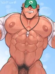 abs bara biceps coach_(meet_the_robinsons) daddy disney male male_nipples male_only male_pubic_hair manly meet_the_robinsons muscular_male nipples pecs penis sweat sweating wolf_con_f