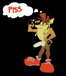 1boy 2020s 2021 anthro balls bandicoot black_background bulge cartoony crash_(series) crash_bandicoot erect_penis erection erection_under_clothes footwear imminent_peeing jockstrap looking_at_viewer male male_focus male_only marsupial mohawk_(hairstyle) musk nipple_piercing nipple_rings nipples peeing piercing pointing_at_head ring_piercing senedjem_(artist) solo text text_bubble think_bubble thinking urine video_games