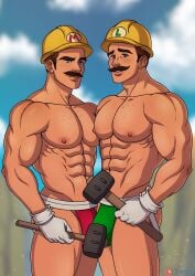 2boys abs biceps blue_eyes brown_hair bulge bulge_through_clothing chest clothing duo facial_hair fit fit_male gay gay_incest gloves green_speedo helmet incest kappax light-skinned_male light_skin luigi male male/male male_nipples manly mario mario_(series) mature mature_male mature_man mostly_nude moustache muscular muscular_arms muscular_male nintendo nipples outdoors red_speedo sledgehammer smile speedo super_mario_bros. super_mario_maker super_mario_maker_2 thick_eyebrows triceps white_gloves