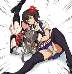 2d 2girls anaconda_vice brown_hair catfight comic grey_hair hair_ribbon hakama hakama_short_skirt hakama_skirt japanese_clothes kaga_(kantai_collection) kantai_collection long_hair multiple_girls muneate nexas panties pantyshot ribbon side_ponytail skirt thighhighs twintails underwear white_ribbon wrestling zuikaku_(kantai_collection)