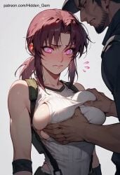 ai_assisted ai_generated black_lagoon breast_grab breast_grab_under_clothes breasts camera embarrassed grabbing_breasts groping groping_breasts hidden_gem hypnosis hypnosis hypnotic_eyes mind_control patreon patreon_username receiving_pov recording recording_on_phone revy