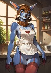 ai_generated apron_only armor bear bracers breasts claws dota_2 dress_lift fangs garter_belt genderswap_(mtf) genhartist helmet long_ears pussy r63 skirt_lift smile standing stockings suspenders tongue ursa