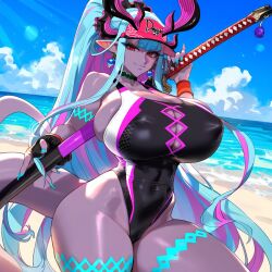 1girls ai_generated beach blue_hair breasts colored_skin curvy day earrings fate/grand_order fate_(series) hat horns huge_breasts ibuki_douji_(fate) ibuki_douji_(swimsuit_berserker)_(fate) jewelry long_hair looking_at_viewer nail_polish ocean oni oni_female pink_hair pointy_ears sky swimsuit sword taller_girl thick_thighs thighs very_long_hair water weapon