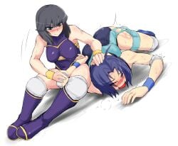 2girls ass black_hair blue_eyes blue_hair boots breasts catfight cleavage cleavage_cutout clothing_cutout highres knee_pads leotard lucky_uchida minami_toshimi multiple_girls nexas saliva secretly_loves_it short_hair submission tears wrestle_angels wrestle_angels_survivor wrestling wrestling_outfit