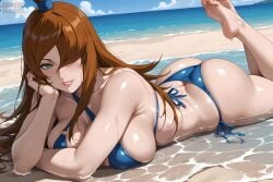 1girls ai_generated arm_support beach bent_over big_breasts bikini bikini_aside bikini_bottom bikini_top breasts eroero_waifus feet_up female female_only green_eyes head_rest lipstick long_hair lying_on_stomach makeup mature mature_female mei_terumi midriff naruto naruto_(series) naruto_shippuden ocean one_arm_up pinup revealing_swimsuit sand seaside shore skimpy skimpy_bikini solo solo_focus swimsuit teasing teasing_viewer tied_hair topknot upper_body very_long_hair voluptuous water watermark