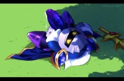 kirby_(series) looking_at_viewer lying_on_back male male_only masturbation meta_knight outdoors pervyknight precum solo_male waddling_head