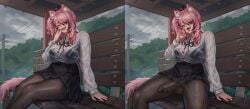 balls big_breasts blouse blowjob_gesture bra bulge bulge_through_clothing cat_ears cat_tail catgirl dickgirl final_fantasy final_fantasy_xiv flashing flashing_penis futa_only futanari gyaru lace-trimmed_bra miqo'te pantyhose penis pink_hair rain raining ronjou14 school_uniform schoolgirl see-through_clothing shirt side_ponytail sitting skirt smug spread_legs stockings suggestive suggestive_look teasing thick_thighs wet wet_clothes wet_shirt zephyr_winds