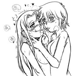 2girls after_kiss blush deleted_source eyebrows_visible_through_hair female female_only glasses glasses_askew hiyori_tamura human japanese_text long_hair lucky_star monochrome multiple_females nude panting patricia_martin saliva saliva_string saliva_trail shin_kawasaki short_hair sketch text yuri