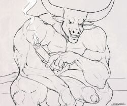 abs anthro arm_support balls big_balls big_penis bovid bovine cattle cigar foreskin genitals hi_res holding_cigar holding_object horn leaning leaning_forward leaning_on_elbow lips looking_at_viewer male male_only mammal muscular muscular_anthro muscular_male navel nipples open_mouth papyreit pecs penis sitting smile smiling_at_viewer smoke solo tail teeth tongue