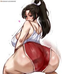 alternate_costume big_ass blush brown_eyes brown_hair bubble_butt capcom fatal_fury hotpants huge_ass huge_breasts king_of_fighters kof mai_shiranui massive_breasts milileonaorochi movement_lines ponytail self_upload shiranui_mai shorts simple_background snk street_fighter the_king_of_fighters twerking white_background