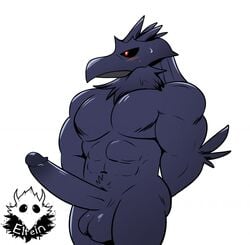 1boy abs anthro anthrofied avian avian_humanoid beak bird blush corvid corviknight elfein erection huge_penis male male_only muscular muscular_male nintendo no_nipples nude penis pokémon_(species) pokemon pokemon_ss pokemorph red_eyes source_request text video_games watermark