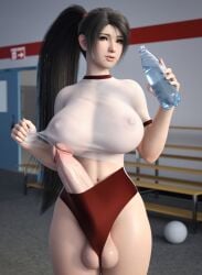 1futa 3d 3d_(artwork) big_balls big_breasts big_penis black_hair dead_or_alive futanari light-skinned_futanari long_hair momiji_(ninja_gaiden) ninja_gaiden penis_out stevencarson transparent_clothing water_bottle