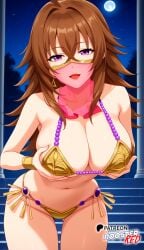 ahoge ai_generated alternate_costume bare_shoulders belly_dancer bikini boosterred99 brown_hair dancer dancer_outfit female golden_bikini hair_between_eyes harem harem_girl harem_jewelry harem_outfit high_school_dxd highleg holding_breast large_breasts leaning_forward medium_hair micro_bikini mouth_veil naughty_face night pony_diffusion_xl purple_eyes veil venelana_gremory waist_veil wide_hips