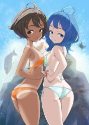 2girls ahoge ass ass_cleavage asymmetrical_docking big_breasts bikini black_hair blue_bikini blue_eyes blue_hair breast_press breasts brown_eyes busty butt_crack come_hither crab dark-skinned_female dark_skin female female_only fish food-themed_hair_ornament from_behind hair_ornament half-closed_eyes highres holding_hands interlocked_fingers large_breasts legs lemon_hair_ornament looking_at_viewer looking_back make_heroine_ga_oo_sugiru! medium_breasts medium_hair microsd_(pibo) multiple_girls orange_bikini pose posing rock seductive_gaze seductive_smile sensual short_hair side-tie_bikini_bottom sideboob smile strapless strapless_bikini swimsuit take_your_pick tan tanline thighs untied_bikini voluptuous yakishio_lemon yanami_anna