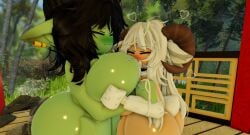 3d asu_(needyasuu) black_hair breast_sucking breasts goblin_female green_body horns lactating lactation lamb milk needyasuu outside pierced_ears roblox robloxian size_difference sucking_nipple sucking_nipples white_fur white_hair yuri