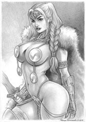 bikini_armor black_and_white braid braided_hair drawing emma_frost female female_only fit fit_female fur_cape large_breasts marcio_fernandes marvel marvel_comics warrior white_queen x-men