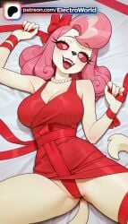 1girls 2026 ai_generated artist_name bow breasts bust chest electroworld fangs female helluva_boss hi_res high_quality high_resolution highres laying_down legs_apart legs_spread long_hair looking_at_viewer lying_on_back on_back open_legs open_mouth patreon patreon_username pink_hair red_bow red_ribbon ribbon smile solo splayed_legs spread_legs stable_diffusion tail vikki_(helluva_boss) watermark