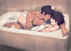 2boys bath bathing bathroom bathtub black_hair earrings gay ilikedoritomen male/male male_only naked nicholas_d_wolfwood shared_bathing smaller_male trigun twink vash_the_stampede wholesome yaoi