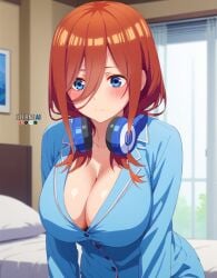 1girls ai_generated anime anime_style babe bangs beautiful beautiful_females bedroom blue_eyes blue_pajamas busty_female buttons cleavage curvy divine_beauty eternoai female go-toubun_no_hanayome headphones home house kawaii large_breasts nakano_miku pajamas portrait redhead_female sexy unbuttoned warm young