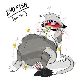 1:1 anthro barium_(tummyacid) belly belly_inflation big_belly blush chest_tuft clothing digital_media_(artwork) dizzy domestic_cat english_text eyewear felid feline felis fish fur glasses grey_body grey_fur grey_hair hair heart_symbol hi_res inflation leggings legwear male mammal marine multicolored_body onomatopoeia organs prey_count rumbling_stomach sitting solo sound_effects star stitch_(sewing) stomach text tuft tufted_ears tummyacid two_tone_body vore white_body white_fur