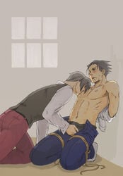 2boys arms_behind_back bondage bound_arms bulge_grab frogtie gay groping gyakuten_saiban male male/male male_only miles_edgeworth naruhodou_ryuuichi narumistu nippleplay pants_open rope rope_bondage scary_face topless touching_penis undressing_another wrightworth yaoi