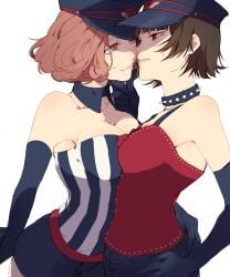 2girls arm_around_waist bad_id bad_twitter_id black_gloves breasts catfight cleavage collar elbow_gloves eye_contact gloves hand_on_own_ass haru_okumura hat highres looking_at_another makoto_niijima medium_breasts multiple_girls niijima_makoto okumura_haru p5_koumei persona persona_5 persona_5:_dancing_star_night persona_dancing smile spiked_collar spikes staredown upper_body yuri