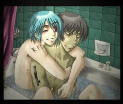 2d_(gorillaz) bath bathtub blue_hair duo gorillaz male male_only multiple_boys murdoc_niccals nude saint_peter's_cross tagme upside_down_cross