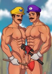 2boys abs balls biceps blue_eyes brother/brother brothers brown_hair chest cum cum_on_penis cumdrip duo ejaculation erection facial_hair fit fit_male gay gay_incest gloves hat holding_object incest kappax light-skinned_male light_skin luigi male male/male male_nipples manly mario mario_(series) mature mature_male mature_man moustache muscular muscular_arms muscular_male nintendo nipples nude nude_male outdoors penis plumber plunger pubic_hair purple_hat smile thick_eyebrows triceps waluigi_(cosplay) wario_(cosplay) white_gloves wrench