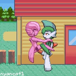 1boy 1girls alternate_version_available animated blank_eyes carrying_partner ditto_(pokemon) equine_penis eye_contact gallade gardevoir green_hair hands_on_shoulders happy_sex holding_thighs huge_cock nyancat1 outside pixel_art pokemon pokemon_dppt pokemon_rse purple_skin self_upload standing_sex stomach_bulge
