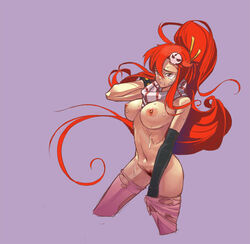 breasts cao-cao elbow_gloves gloves jewelry long_hair naked_scarf nude ponytail pubic_hair red_hair scarf sweat tears tengen_toppa_gurren-lagann tengen_toppa_gurren_lagann thighhighs tied_hair yoko_littner