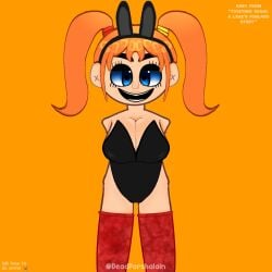 abby_(together_again_a_lakes_funland_story) big_breasts blue_eyes bunny_ears bunnysuit five_nights_at_freddy's fnaf_fangame orange_background orange_hair solo thigh_highs twintails