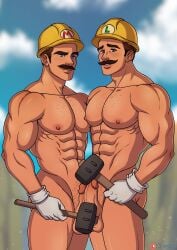 2boys abs balls biceps blue_eyes brother/brother brothers brown_hair chest duo erection facial_hair fit fit_male gay gay_incest gloves helmet incest kappax light-skinned_male light_skin luigi male male/male male_nipples manly mario mario_(series) mature mature_male mature_man moustache muscular muscular_arms muscular_male nintendo nipples nude nude_male outdoors penis pubic_hair sledgehammer smile super_mario_bros. super_mario_maker super_mario_maker_2 testicles thick_eyebrows triceps white_gloves