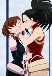 2girls ai_generated blush bodysuit boku_no_hero_academia female hero_outfit_(mha) kissing lesbian_kiss momo_yaoyorozu my_hero_academia ochako_uraraka standing yuri yuri