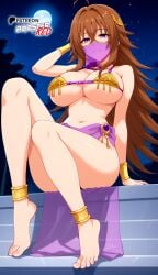 ahoge ai_generated alternate_costume bare_shoulders belly_dancer bikini boosterred99 brown_hair dancer dancer_outfit feet female full_body golden_bikini hair_between_eyes harem harem_girl harem_jewelry harem_outfit high_school_dxd highleg large_breasts legs medium_hair micro_bikini mouth_veil naughty_face night pony_diffusion_xl purple_eyes sitting veil venelana_gremory waist_veil wide_hips