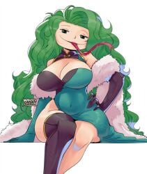 1girls alternate_outfit artist_name asymmetrical_gloves big_head boa_(clothing) boa_sandersonia female forked_tongue gloves green_eyes green_hair huge_breasts long_hair long_tongue looking_at_viewer one_piece smiling smiling_at_viewer tongue tongue_out wanderjegson wide_face wide_hips