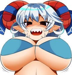 big_breasts horn lowres sharp_teeth touhou white_hair xialu_zajin yuuma_toutetsu