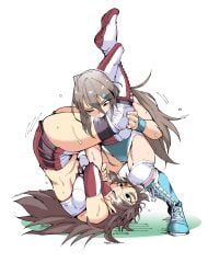 2girls asphyxiation boots borrowed_character catfight hair_ornament hairclip highres hiiragi_yuuna knee_pads leotard long_hair multiple_girls nexas original scissorhold simple_background sports_bra takahata_satone white_background wrestling wrestling_outfit wristband