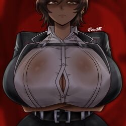 1girls artist_name big_breasts boob_window breasts brown_eyes brown_hair clothed_female dark-skinned_female huge_breasts limbus_company outis_(limbus_company) project_moon see-through seireiart short_hair solo solo_female tomboy watermark