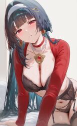 ai_generated astra_yao black_hair breasts choker curvy curvy_figure large_breasts lingerie mochimochirice red_eyes seductive voluptuous zenless_zone_zero