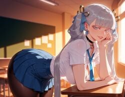 ai_generated balecxi black_choker classroom earrings female grey_hair hair_ribbon heart indoors jewelry jinhsi_(wuthering_waves) large_breasts long_hair looking_at_viewer necktie pantyhose parted_lips pleated_skirt school_desk smile solo twintails white_shirt wuthering_waves