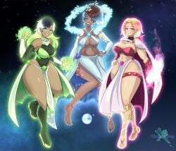 3girls abs aged_up amphibia amphibia_(finale) anne_boonchuy artist_name artist_signature barefoot big_breasts calamity_power clothing disney disney_channel ear_piercing earrings earth feet female female_only footwear full_body glowing glowing_hair goddess group hourglass_figure jewelry marcy_wu moon muscles powers sasha_waybright space thick_thighs trio voluptuous wide_hips xendrawsthings