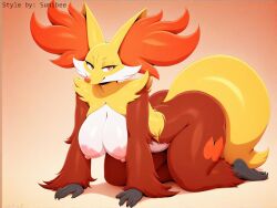 absurd_res ai_generated all_fours anthro areola ass bedroom_eyes big_breasts big_butt breasts canid canine delphox female fingers fur generation_6_pokemon hanging_breasts hellsonger hi_res huge_breasts inner_ear_fluff looking_at_viewer mammal multicolored_body multicolored_fur multicolored_tail narrowed_eyes nintendo nipples nude pink_areola pink_nipples pokemon pokemon_(species) red_body red_eyes red_fur seductive simple_background smile solo thick_thighs tuft yellow_body yellow_fur