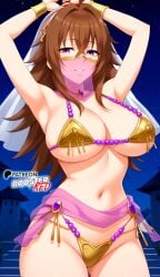 ahoge ai_generated alternate_costume arms_above_head arms_behind_back bare_shoulders belly_dancer bikini boosterred99 brown_hair dancer dancer_outfit female golden_bikini hair_between_eyes harem harem_girl harem_jewelry harem_outfit high_school_dxd highleg large_breasts medium_hair micro_bikini mouth_veil naughty_face night pony_diffusion_xl purple_eyes veil venelana_gremory waist_veil wide_hips