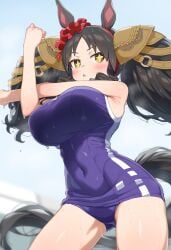 ai_generated animal_ears big_breasts black_hair bright_eyes curly_hair female horse_girl marvelous_sunday_(umamusume) ribbon twintails umamusume umamusume_pretty_derby yellow_eyes