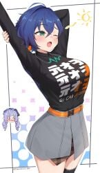 <|>_<|> 2girls ahoge aqua_eyes arm_up artist_name belle_(zenless_zone_zero) belt black_shirt blue_hair breasts clothes_writing commentary grey_skirt hair_intakes highres large_breasts long_sleeves miniskirt multicolored_hair multiple_girls one_eye_closed open_mouth orange_belt peterchuu purple_hair shirt short_hair skirt solo_focus streaked_hair stretching vivian_banshee white_hair white_streaks yawning zenless_zone_zero