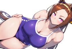 ai_generated animal_ears brown_hair female hair_accessory hairband horse_girl ponytail purple_eyes sakura_bakushin_o_(umamusume) swimsuit umamusume umamusume_pretty_derby