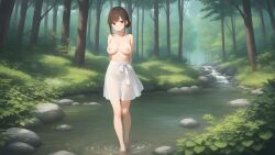 1girls ai_generated barefoot breasts breasts breasts brown_eyes brown_hair female hair_bun hi_res highres large_breasts naked nature nipples nude original_character outdoors pixai skirt smile solo