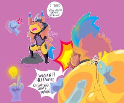 anthro ass balls big_balls big_breasts big_butt bottomwear breasts clothing disembodied_hand disembodied_penis duo floating_ears fluffy fluffy_tail genitals hi_res machine male male/male oliver_red orange_tail pants penis pufkan robot rock screen screen_face shocked simple_background speech_bubble spikes tail wissmur_samboy yellow_bottomwear yellow_clothing yellow_face yellow_pants
