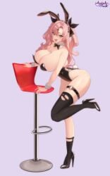 absurdres alternate_costume amanda_peach breasts chair cleavage earrings female high_heels highres jewelry large_breasts leotard looking_at_viewer nicole_demara pink_hair playboy_bunny rabbit_ears rabbit_tail solo twintails yellow_eyes zenless_zone_zero